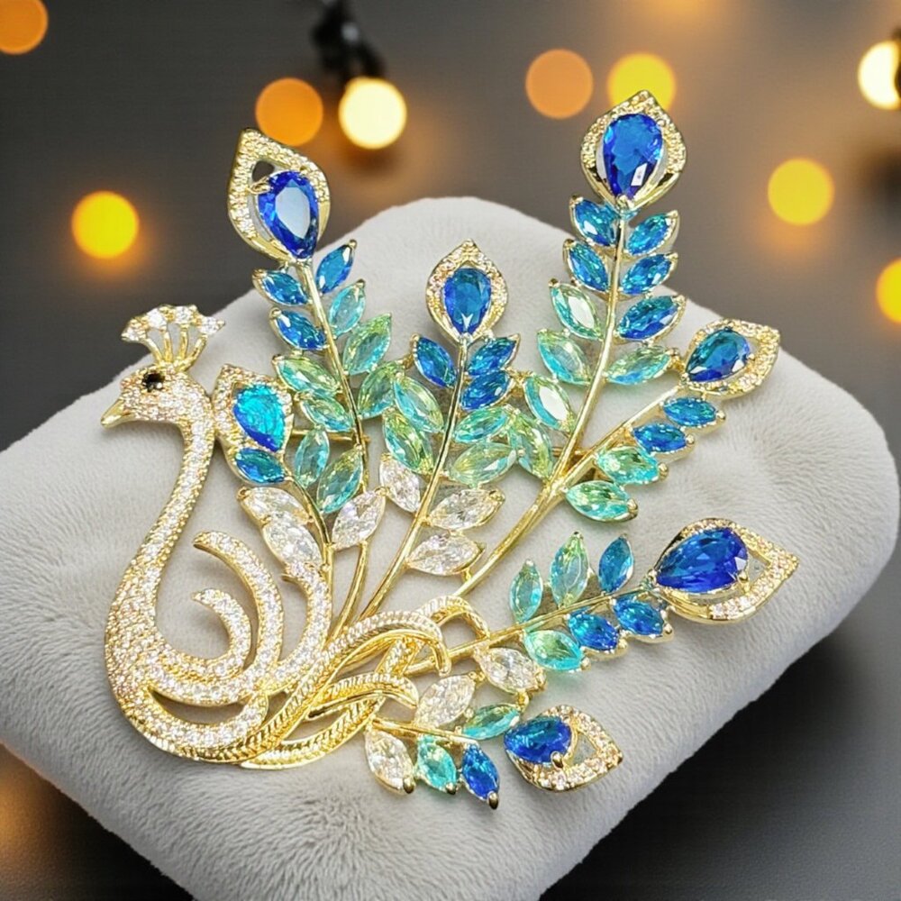 Peacock brooch, blue crystal brooch, gold brooch, dress brooch, formal brooch